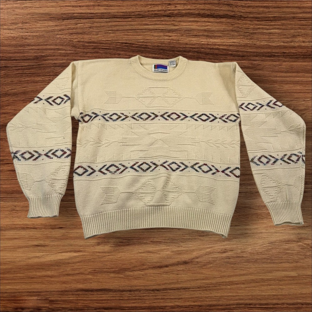 Sweater Graphix Men's Crew Neck Geometric‎ Pattern Cream Acrylic Sweater Large